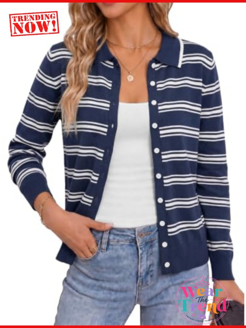 Imily Bela Lightweight Cropped Cardigan Polo Collar Striped Knit Slim Fit